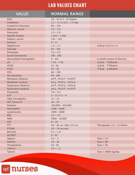 To assist you on your nursing journey, here is a Lab Values Chart to help you! It is extremely important to know these by heart in order to make informed clinical decisions.   H/T: UWorld Nclex Lab Values, Laboratory Values, Nursing Labs, Nursing Study Tips, Nursing Cheat, Nursing Assessment, Nursing Study Guide, Nclex Study, Nursing Mnemonics