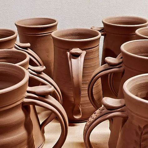 michael a vorisek on Instagram: "The rainy cold weather is a blessing sometimes because it keeps me inside and on-task. I sold out of all my tall steins this month so making some more is priority, as well as tackling my last three custom orders! #handmadeceramics #mugshots #bigmug #makeithappen #mugsmith #functionalpottery #contemporaryceramics #wheelthrown #stoneware #ceramicart #clayart #potter #potterystudio #ceramicstudio #stonewarepottery #ceramics #ceramica # ceramique #keramik #cerami Beer Steins Pottery, Ceramic Stein Mugs, Handles Pottery, Clay Handles, Pottery Handles, Wheel Pottery, Ceramic Handles, Ceramic Stein, Pottery Workshop