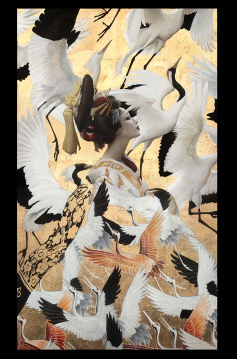 Cranes by Pandora YoungOil and gold leaf on watercolor paper 2019. Art Bizarre, Large Poster Prints, Bizarre Art, Tree Canvas, Pop Surrealism, Gold Art, Secret Obsession, Fine Arts Posters, Art Watercolor