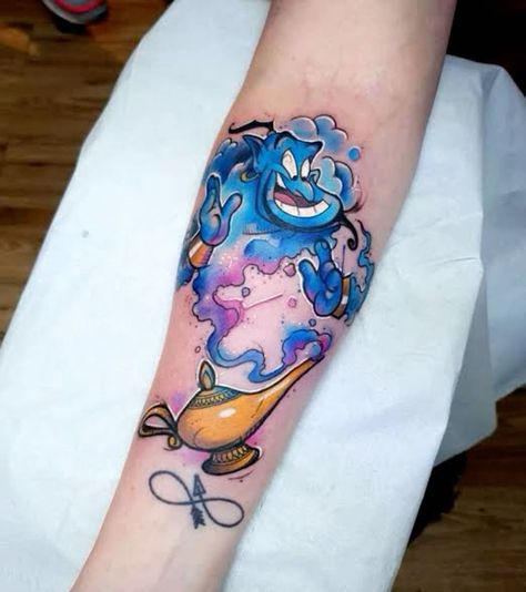 Genie Tattoo Disney, 90s Tattoo Ideas Sleeve, 90s Disney Tattoos, Genie Tattoo Ideas, Aladdin Tattoo Ideas, Genie Tattoo, Aladdin Tattoo, Hercules Tattoo, Disney Stitch Tattoo