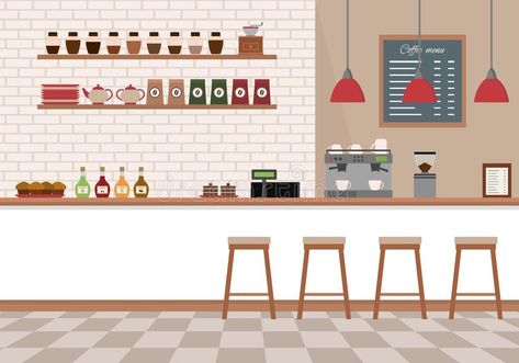 White Bar Counter, Counter Shelves, Coffee Shelf, Cafe Counter, White Bar, Shop Illustration, Shop House Plans, White Shelves, Interior Display