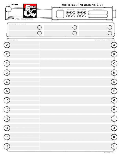 Artificer Infusions Sheet - Dungeon Masters Guild | Dungeon Masters Guild Artificer Infusions, Artificer Character Sheet, Band Room, Character Sheets, D&d Dungeons And Dragons, Game Master, Dungeon Master, Character Sheet, Character Names