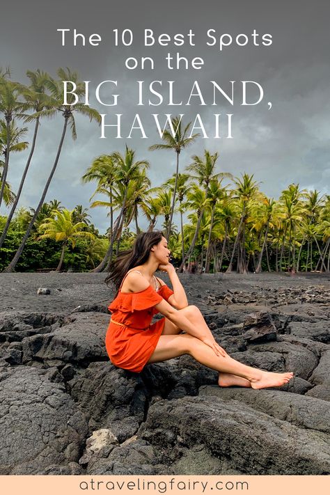 black sand beach with palm trees and girl in orange dress on big island, hawaii Living On The Big Island Hawaii, Big Island Hawaii One Day, Hiking Big Island Hawaii, What To Do On The Big Island Of Hawaii, Big Island Outfits, Main Island Hawaii, Best Time To Go To Hawaii, Big Island Hawaii Outfits, Hawaii Instagram Pictures Kona