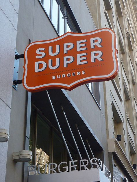 Super Duper / blade sign Blade Sign, Retail Facade, Retail Signage, Shop Signage, Sign Board Design, Retail Inspiration, Veggie Burgers, Shop House Ideas, Mill Valley