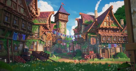 Fantasy Village, Fantasy Town, Bg Design, Medieval Village, Fantasy City, Medieval Town, Fantasy Concept Art, 판타지 아트, Environment Concept Art