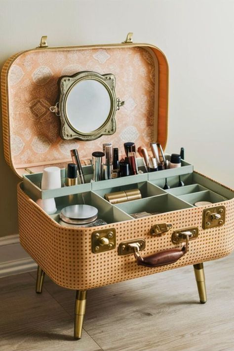 30 DIY Makeup Vanity [For Every Room] Diy Beauty Storage, Suitcase Vanity, Diy Pallet Vanity, Vanity Cart, Vintage Makeup Vanities, Makeup Caddy, Romantic Bathroom, Industrial Vanity, Aesthetic Crafts