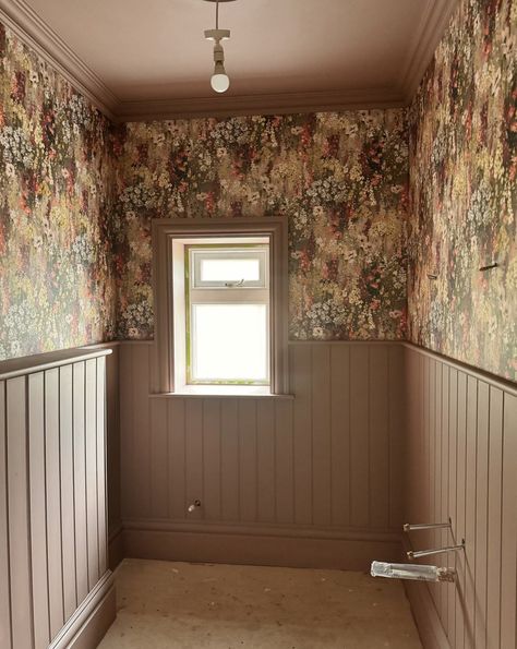 Our Wilderness Brown Sugar wallpaper looking stunning in this work in progress downstairs loo For the same look pair with either 004 First Light or 005 Hare paint colours on the ceiling and panelling Image by @glenfieldproject Magnolia Wallpaper, Hare Painting, French Country Cottage Decor, Painted Paneling Walls, Downstairs Loo, Paint Colours, The Ceiling, Work In Progress, One Light