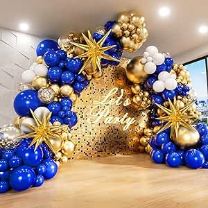 Balloons Arch, Birthday Decorations For Men, Retirement Party Decorations, Gold Party Decorations, Gold Confetti Balloons, Metallic Balloons, Royal Blue And Gold, Anniversary Decorations, White Balloons