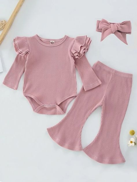 Baby Girl Ruffle Trim Bodysuit With Pants With Headband | SHEIN Girls Lounge, Baby Girl Clothes Winter, Clothing Tips, Kids Dress Wear, Baby Dress Design