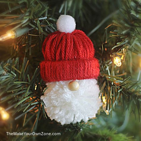 Santa Pom Pom Ornament, Gnome Pom Pom Ornaments, Pom Pom Santa Claus, Pompon Gnomes, Santa Pom Pom, Pom Pom Gonk, Santa Yarn Ornament, Pompom Ornaments Diy, Yarn Santa Ornament