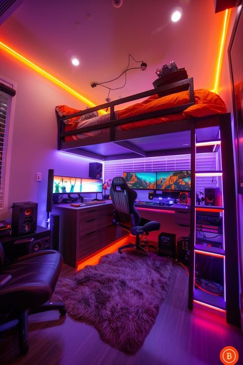 Bunk Bed Gaming Room, Gaming Setup Under Loft Bed, Loft Bed Bedroom Ideas, Small Gamer Bedroom, Boys Loft Bedroom, Streetwear Room, Gaming Bedroom, Gamer Bedroom, Small Game Rooms