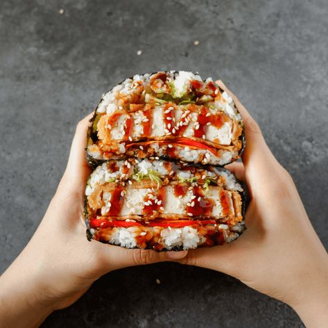 Vegan Tofu “Katsu” Sushi Sandwiches (Onigirazu) and Rolls - The Foodie Takes Flight Easy Homemade Rolls, Tofu Katsu, International Sushi Day, Tofu Sushi, Katsu Recipes, Sushi Rice Recipes, Vegan Japanese, Sushi Recipe, Tofu Recipes Vegan