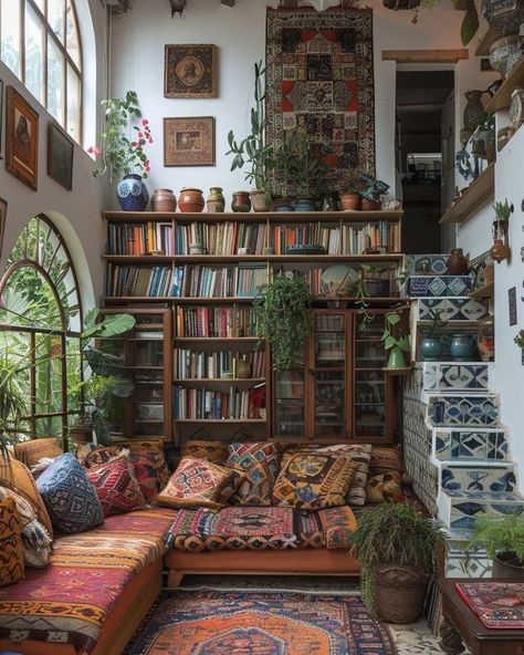 Funky Rustic Living Room, Light Maximalist Bedroom, Bright Colorful Interiors, Traditional Eclectic Home, Romani House, Homes With Personality, Eccentric House Decor, Japanese Style Houses, Mexican Library