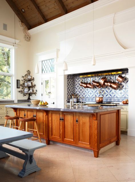 A Custom Kitchen with Delft Blue Influences | Town & Country Living Moroccan Tile Backsplash, Traditional Farmhouse Kitchen, White Kitchen Lighting, Dutch Kitchen, Tile Design Pattern, White Shaker Cabinets, Grey Countertops, White Backsplash, White Kitchen Design