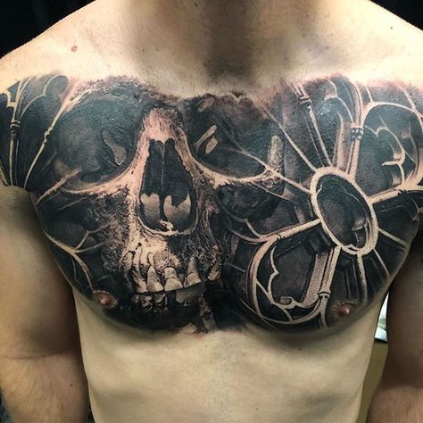 Amazing tattoo by : @robbylatosLocation: US Follow @realistic.ink for more amazing realistic tattoo tag us to be featured#tatouage #blackandgrey #tattoo #tattoos #ink #tatuaje #realistictattoo | Artist: @realistic.ink Skull Chest Tattoo Men, Filigree Tattoo Sleeve, Chest Tattoo Realism, Pixel Tattoo, Full Chest Tattoos, Filigree Tattoo, Torso Tattoos, Cool Chest Tattoos, Inspiration Tattoos