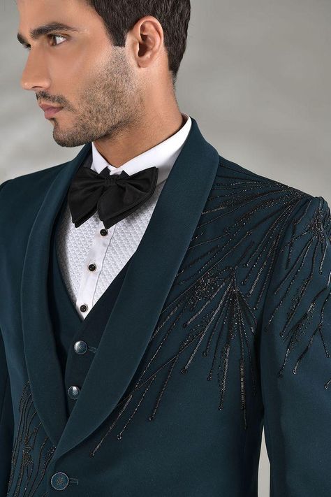 Green Tuxedo For Men Wedding, Designer Tuxedo For Groom, Embroidered Tuxedo Men, Designer Tuxedo Men Grooms, Italian Tuxedo, Unique Mens Wedding Suits, Wedding Groom Suit, Best Wedding Suits For Men, Reception Suits