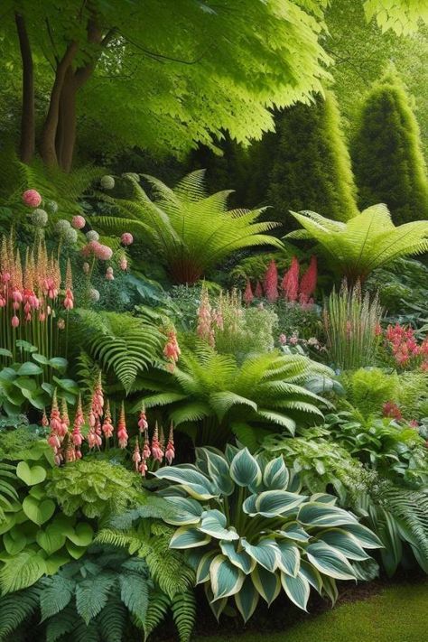 Creating a vibrant and low-maintenance shade garden is achievable with the right selection of perennial shade plants. These resilient beauties not only add texture, color, and interest to shaded areas but also come back year after year, making them a valuable addition to any garden. From delicate ferns to striking hostas, here are some shade-loving perennials that will delight your senses and thrive in the shadows. Ferns Ferns are classic shade garden staples known for their elegant fronds an... Hillside Shade Garden, Low Maintenance Driveway Landscaping, Ligularia Shade Garden, Tropical Shade Garden, Shade Garden Plants Landscaping Ideas, Landscaping With Ferns, Fern Backyard, Fernery Ideas, Fern Garden Ideas