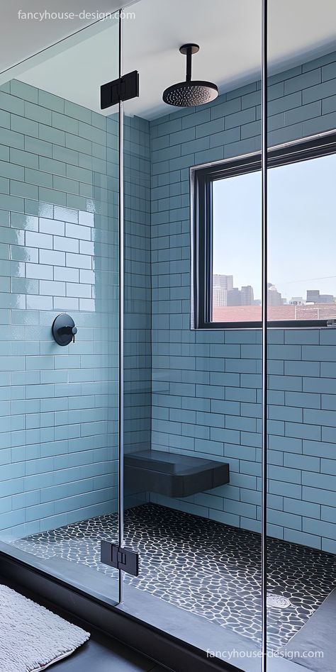 The cool shades of blue in the bathroom are paired with sleek cabinetry and modern tile patterns, making it both functional and eye-catching. Bathroom Color Combinations, Blue Bathroom Design, Modern Tile Patterns, Blue Bathroom Ideas, Blue Bathrooms Designs, Kitchen Entrance, Cool Shades, Entrance Foyer, Bathroom Color