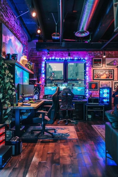 Discover epic man cave ideas for gamers with practical setup tips and creative decor inspiration. Perfect for transforming your gaming space into a gamers’ paradise aimed at console play and PC enjoyment. Man Cave Computer Room, Vaporwave Gaming Setup, Man Cave Theme Ideas, Man Cave Inspiration, Hangout Space, Video Game Room Decor, Modern Man Cave, Game Room Ideas, Man Cave Ideas