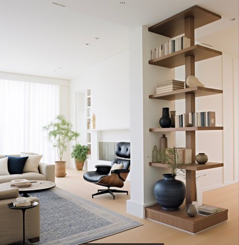 Pillar Shelves Columns, Wall In Middle Of Room, Column Living Room Ideas, Hide Structural Columns, Support Pillar Ideas, Column Storage Ideas, Exposed Stud Wall Ideas, Living Room With Pillar In Middle, Whole Wall Shelf