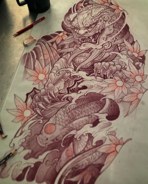 All done this sleeve drawing... #rtcinc #prismacolorpencils #lovemyjob #sleeve #irezumicollective #shishi #pheony Dog Leg Tattoo, Koi Sleeve Tattoo, Sleeve Drawing, Dog Leg, Leg Tattoo, Leg Sleeves, Foo Dog, Prismacolor Pencils, Dog Tattoo