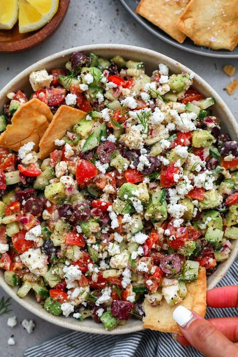 Avocado & Feta Mediterranean Salsa Avocado Feta Salad, Mediterranean Salsa, Oregano Chicken, Pita Wrap, Greek Chicken Salad, Party Dip, Red Onion Salad, Onion Salad, Salmon Dishes