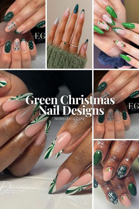 A variety of green Christmas nail designs featuring festive themes like holly, snowflakes, bows, and elegant French tips in shades of green. Green Tip Christmas Nails, Green Christmas Nails Designs, Green Holiday Nail Designs, Dark Green Nails Christmas, Green Chrome Christmas Nails, Green Holiday Nails Christmas, Nail Designs With Green, Acrylic Nail Designs Green, Green December Nails