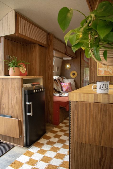 Funky Rv Interiors, 70s Camper Interior, Rv Airbnb, 70s Camper, 70s Van, Vintage Glamping, Vintage Caravan Interiors, Trailer Homes, Toyota Coaster