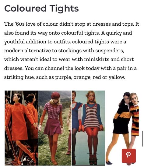 70s Colored Tights, 60s Tights Outfit, Winter 60s Fashion, 60s Mod Outfits, Colored Tights Outfit 60s, 1960s Mod Fashion, Outfits 60s, Coloured Tights, 60s Outfits