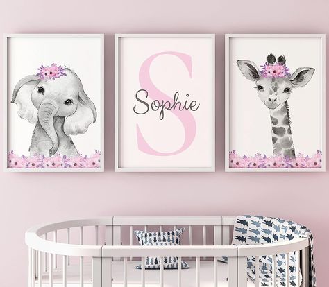 Pink Giraffe Bedroom, Animal Nursery Pink, Pink And Grey Princess Nursery, Pink Elephant Nursery Art, Safari Room Decor, Safari Wall Decor, Safari Animal Wall Art, Safari Nursery Art, Baby Nursery Art