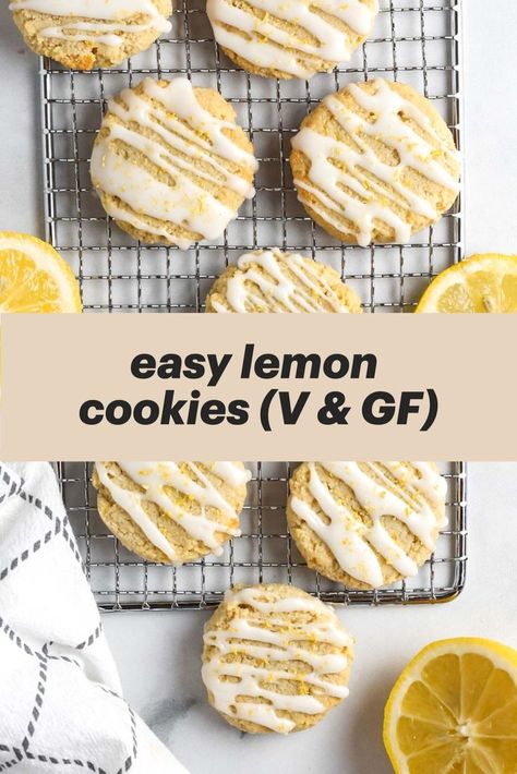 These vegan and gluten-free lemon cookies have a super delicious texture and tangy fresh lemon flavor. They are made with almond flour and coconut oil to make them gluten-free and dairy-free with no butter or egg. A simple lemon glaze and fresh lemon zest on top make them even more flavorful! These are so easy to make. You only need one bowl to make the cookies and they are ready to enjoy in just 20 minutes. They are perfect for spring and summer events and parties! Gluten Free Egg Free Recipes, Gluten Free Lemon Desserts, Vegan Lemon Cookies, Gluten Free Lemon Cookies, Lemon Cake Cookies, Lemon Desserts Easy, Lemon Cookies Easy, Lemon Drop Cookies, Lemon Shortbread Cookies