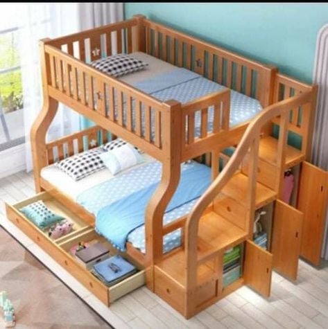 Double Deck Bed Ideas, Bunk Bed With Stairs, Bunker Bed, Bed With Stairs, Wooden Bunk Bed, Kids Bed Design, Wooden Bed Design, Bunk Bed Designs, Kids Bedroom Designs