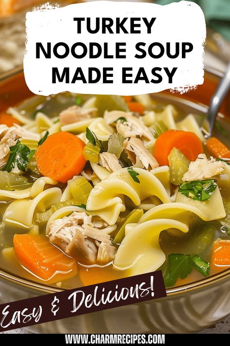 Enjoy a homemade Turkey Noodle Soup that warms both the body and spirit. This delightful dish brings out the rich flavors of turkey, fresh vegetables, and scrumptious egg noodles, proving that simple ingredients can create a comforting meal. Perfect for chilly days or whenever you need a bowl of happiness, this recipe is straightforward to follow and yields a heartwarming broth that everyone will love. Discover how to turn your leftovers into a delicious soup that will feed the whole family and leave them asking for seconds. Turkey Soup With Egg Noodles, Leftover Turkey Noodle Soup Crockpot, Best Turkey Noodle Soup Recipe, Turkey Egg Noodle Soup, Turkey Noodle Soup Instant Pot, Ground Turkey Noodle Soup, Home Made Turkey Soup Recipes, Turkey Noodle Soup From Carcass Recipes, Ham Noodle Soup