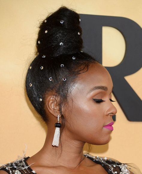 Janelle Monáe Wore A Bedazzled Bun To The 'Harriet' Premiere - NYLON Cute Bun Hairstyles, Natural Hair Bun Styles, Janelle Monae, Editorial Hair, Beautiful Natural Hair, Pelo Afro, Natural Hair Updo, Natural Hair Inspiration, Hairstyles Curly