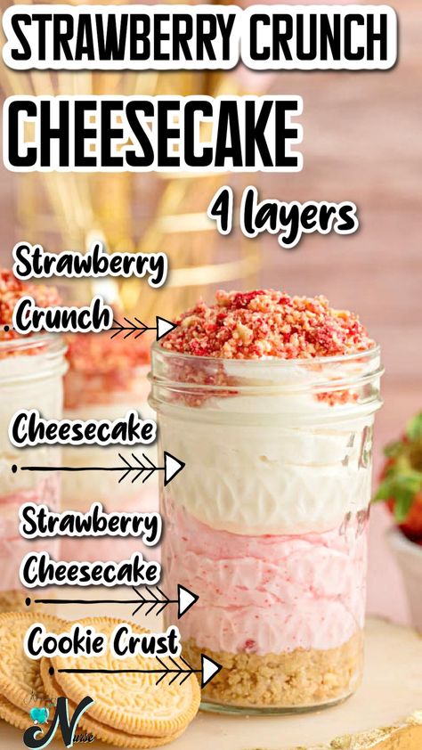 Indulge in the ultimate summer dessert with our Strawberry Crunch Cheesecake! This no-bake cheesecake features a creamy strawberry layer topped with a delightful crunch of golden Oreos and freeze-dried strawberries. Perfect for warm days, this easy-to-make treat will be a hit at any gathering. Try this irresistible strawberry crunch cheesecake recipe today! Mini Strawberry Crunch Cheesecake Bites, Cheesecake With Fruit Topping, Cheesecake Jar Recipes, Strawberry Crunch Desserts, Strawberry Crunch Cheesecake Cups, No Bake Strawberry Cheesecake Cups, Strawberry Crumble Cheesecake, Strawberry Cheesecake Cake Recipe, Cheesecake Dessert Cups