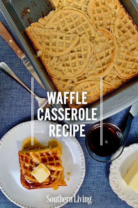 Waffle Casserole Recipe | Our waffle casserole is a sweet breakfast lover’s dream—frozen waffles are toasted in the oven before they’re stacked inside a baking dish and drowned in a homemade custard flavored with maple syrup and a touch of bourbon (because why not?). #recipes #recipeideas #southernliving #casserole #casserolerecipes #casseroleideas Waffle Casserole, Sweet Breakfast Casserole, Salad With Shrimp, Strawberry Vinaigrette, Homemade Custard, Frozen Waffles, Breakfast Waffles, Waffle Recipes, Pancakes And Waffles