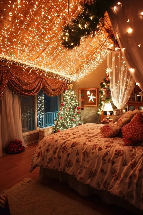 25 Magical Christmas Lights Bedroom Ideas for a Dreamy Glow - Roomy Retreat Christmas Decorations For Room Bedrooms, Cozy Bedroom Ideas Christmas, Christmas Bedroom Lights, Christmas Lights Aesthetic Bedroom, Cozy Bedroom Christmas Decor, Twinkle Lights Bedroom Ideas, Christmas Decor In Bedroom, Cozy Christmas Decor Bedroom, Christmas Decor Aesthetic Cozy