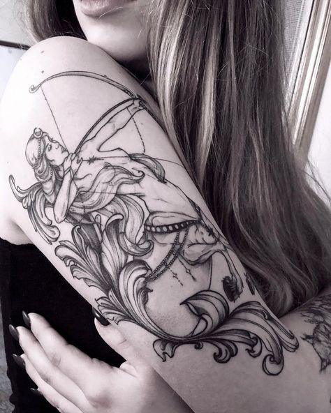 Sag Tattoo Sagittarius Zodiac Signs, Woman Sagittarius Tattoo, Female Archer Tattoo, Archer Tattoos, Sagittarius Goddess Tattoo, Artemis Tattoo, Archer Tattoo, Sagittarius Archer, Sagittarius Tattoo Designs