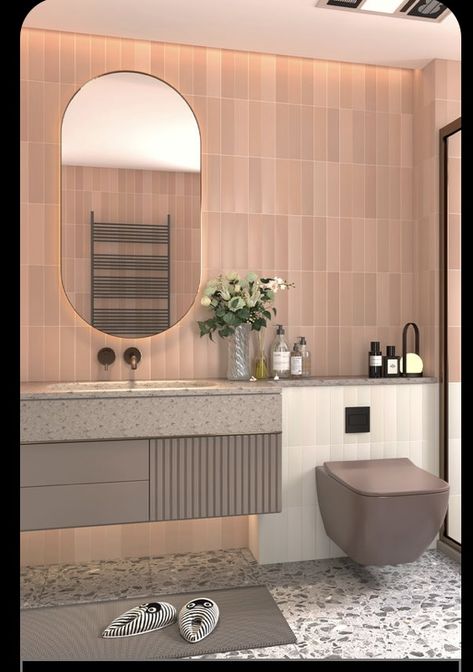 Small Bathroom Laundry Combo, Bathroom Brushed Gold, Small Bathroom Laundry, Bathroom 2025, Powder Toilet, Bathroom Laundry Combo, Pink Tile Bathroom, Japandi Aesthetic, Tanning Studio