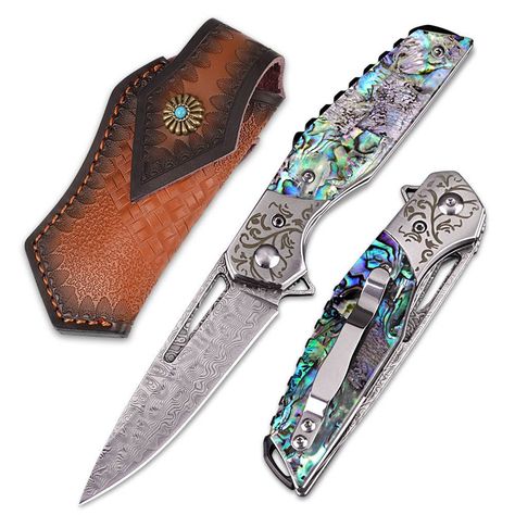 POCKET FOLDING KNIFE  Damascus Steel 67 layers with VG10 center core, sharpest blade flips open in one movement Unique Abalone G10 full tang 3 rivets construction assembly with pocket clip Included sheath with belt loop Blade 3"L x 7/8"W, Open TTL 7", Closed 4" JULYN 4 TH SPECIAL SALE, TODAY 06252023 -07102023 Unique Pocket Knives, Purple Pocket Knife, Laser Etched Glass, Western Pocket Knifes, Blue Pocket Knife, Multi Function Pocket Knife, Wood Knife, Pretty Knives, Camping Items