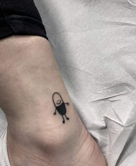 Pill Bottle Tattoo Ideas, Small Masculine Tattoos, Pill Tattoo Ideas, Small Quirky Tattoos, Small Silly Tattoos, Pill Tattoo, Ugly Tattoos, Stick Poke, Happiness Tattoo