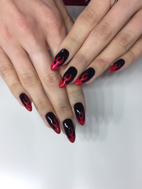 Black With Red Flames Nails, Black Nails Red Flames, Black And Red Fire Nails, Red And Black Flame Nails, Red Fire Nails, Black Nails 2023, Red And Black Nail Designs, Red And Black Nail, Red And Black Nails