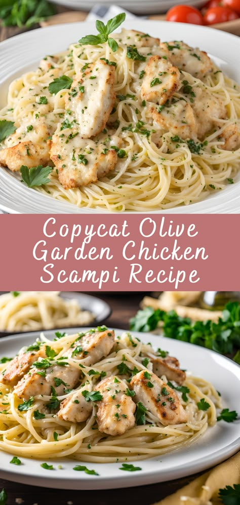 Copycat Olive Garden Chicken Scampi Recipe | Cheff Recipes Copycat Recipes Olive Garden Chicken Scampi, Copycat Chicken Scampi Olive Garden, Italian Chicken Olive Garden Dressing, Lemon Chicken Scampi, Creamy Chicken Francese, Chicken Scampi Recipe Olive Garden, Scampi Sauce Recipe Chicken, Best Chicken Scampi Recipe, Linguini With Chicken