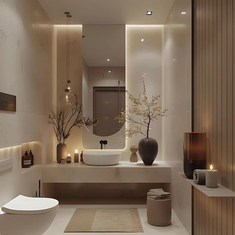 Modern Japandi Bathroom, Earthy Bathroom Ideas Natural, Japandi Ceiling, Japandi Toilet, Japandi Bathroom Design, Bathroom Japandi, Japandi Bathroom, Bathroom Lighting Ideas, New Bathroom Designs