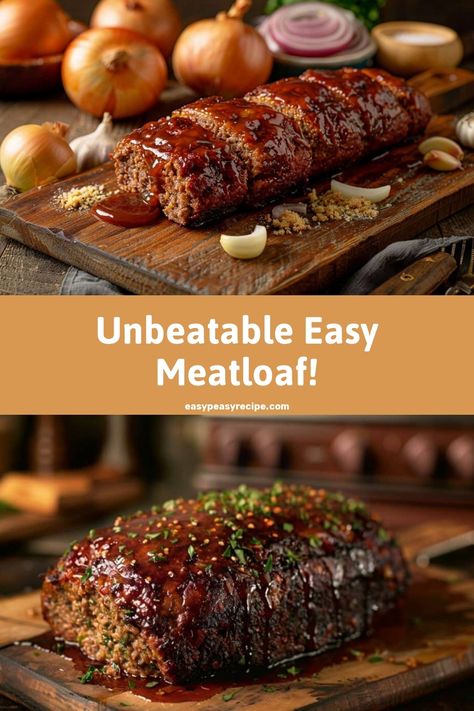 A delicious meatloaf coated in rich sauce presented on a wooden cutting board with onions and garlic in the background. Kid Friendly Meatloaf, Meatloaf Recipe Easy, Meatloaf Recipes Easy, Basic Meatloaf, Easy Meatloaf Recipe, Delicious Meatloaf, Easy Peasy Recipes, Easy Meatloaf, Quesadilla Recipes