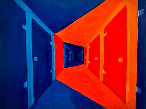 A one-point perspective painting I completed for practice! Inspired by creepy hotel hallways. ……………………. #perspective #onepointperspective #hallway #buildingart #colorful #artschool #artstudent #acrylic #acrylicpainting #paint #painting #paintings #oilpainting #composition #begginerartist #strange #artwork #blueandorangeartwork #complementary #artwork #artist #paintingsdaily #paintingprocess #paintingfun #paintingartist #paintingobcanvas Complementary Art Paintings, Fish Eye Perspective Painting, One Point Perspective Painting, Weird Perspective Art, Hallway Reference, Funky Perspective, Hallway Perspective, Atmosphere Perspective Painting, Creepy Hotel