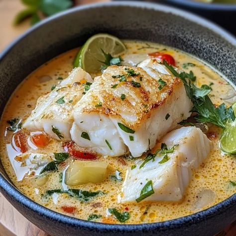 Coconut Lime Fish Soup Recipe | Vibrant and Flavorful Curried Fish Recipes Coconut Milk, Fish Coconut Milk Recipes, Coconut Cod Fish Recipes, Coconut Fish Stew, Coconut Lime Soup, Coconut Fish Soup, White Fish Curry, Cod Fish Soup Recipes, White Fish Soup