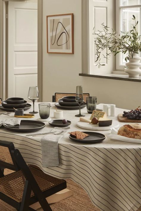 Best Fall Home Decor From H&M 2021 H M Home Decor, Black Tableware, Marble Serving Boards, Marble Serving Trays, Hm Home, Striped Tablecloths, Round Serving Tray, Stoneware Dishes, H&m Home