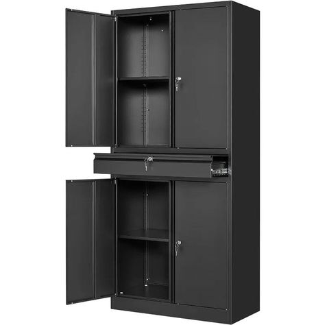 Do you find yourself wading through a sea of tools, gadgets, and gizmos, trying to locate that elusive 10mm socket? 😫🔧 Say goodbye to the chaos and hello to the ultimate organization superhero: the Metal Garage Storage Cabinet! 🚀 With 4 locking doors for security 🔒, 1 slide-out drawer for easy access 🛏️, and 2 adjustable shelves for customizable storage 🗄️, this cabinet is a game-changer for anyone looking to tame their garage jungle. 🦸‍♂️🛠️ Why settle for clutter when you can have pristine o... Garage Tool Cabinets, Garage Tool Storage Ideas, Garage Cupboards, Cabinet For Garage, Metal Garage Storage Cabinets, Garage Storage Cabinet, Locker Ideas, Locking Storage Cabinet, Tool Storage Cabinets