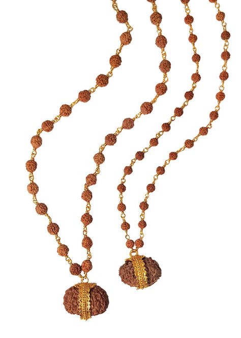 Our Samagama mala set celebrates and strengthens the union of two people in a sacred relationship. Traditionally, Gauri Shankar rudraksha are gifted to newly weds as a spiritual seal of their bond. If worn by both and amplified by a heartful vow of loving and serving each other in good and bad times, it brings great blessings to the relationship. This mala set features a rare and powerful Gauri Shankar power rudraksha as pendant on each mala, a powerful and sacred bead that is product of two bea Rudraksha Mala Gold For Men, Rudraksha Mala Designs For Men, Spiritual Accessories, Gold Rudraksha Mala, Rudraksha Locket, Sacred Relationship, Gauri Shankar, Rudraksha Beads Meaning, Powerful Meditation